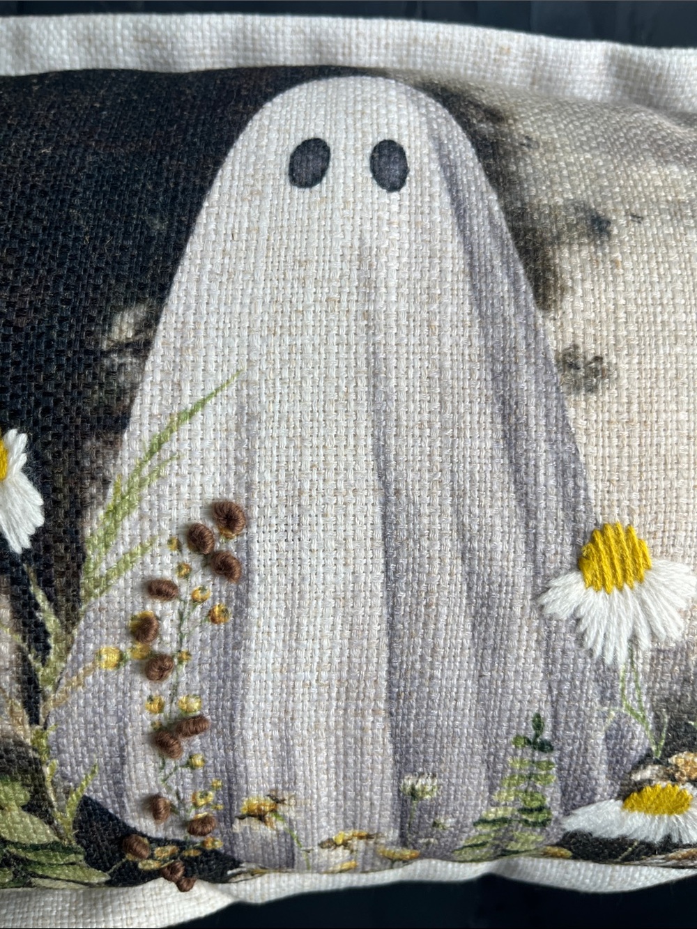 Neutral Ghost & Daisies Decorative Throw Pillow - White/Black
